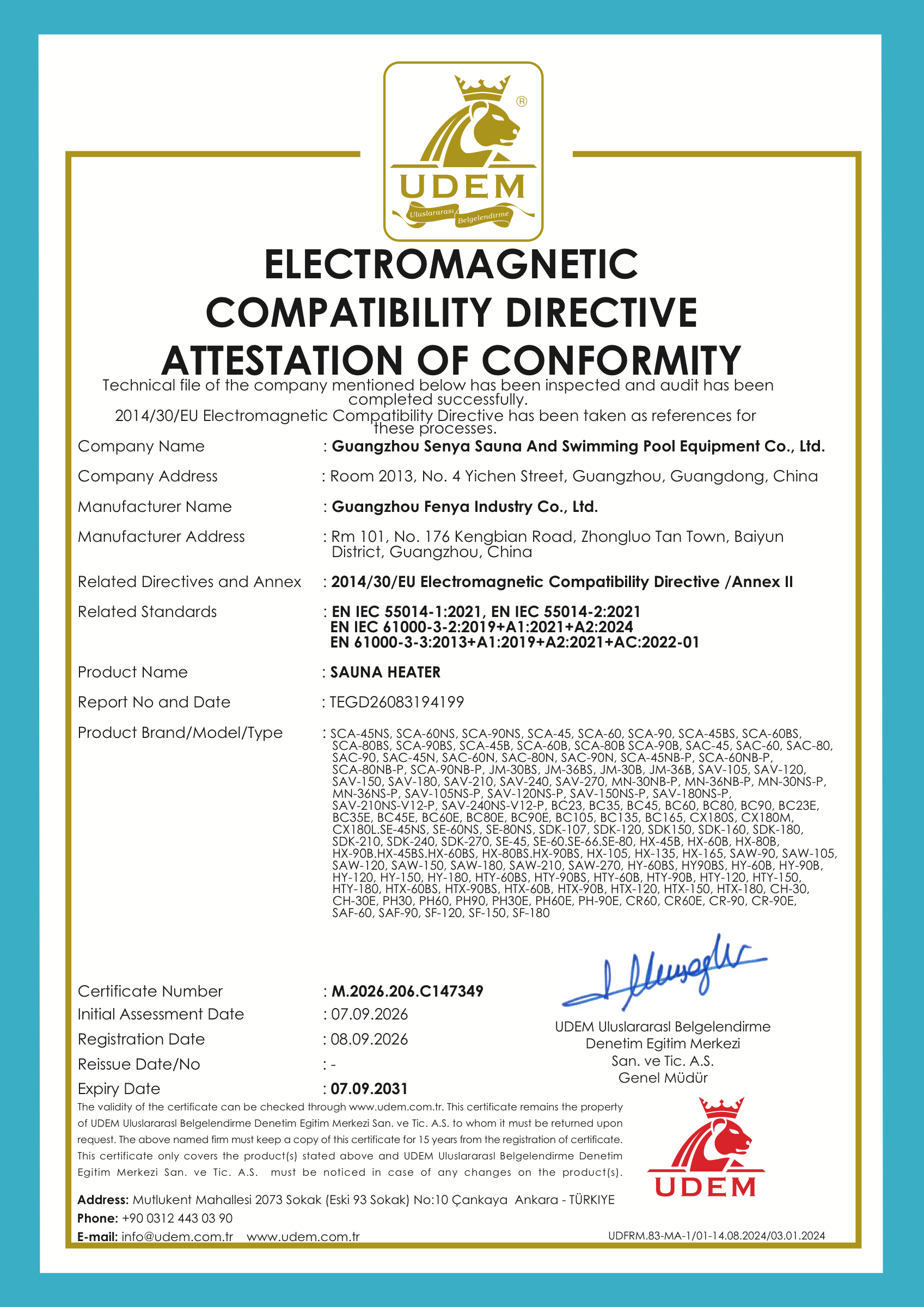 Sauna heaters — EMC · 2014/30/EU attestation of conformity, certificate M.2026.206.C147349