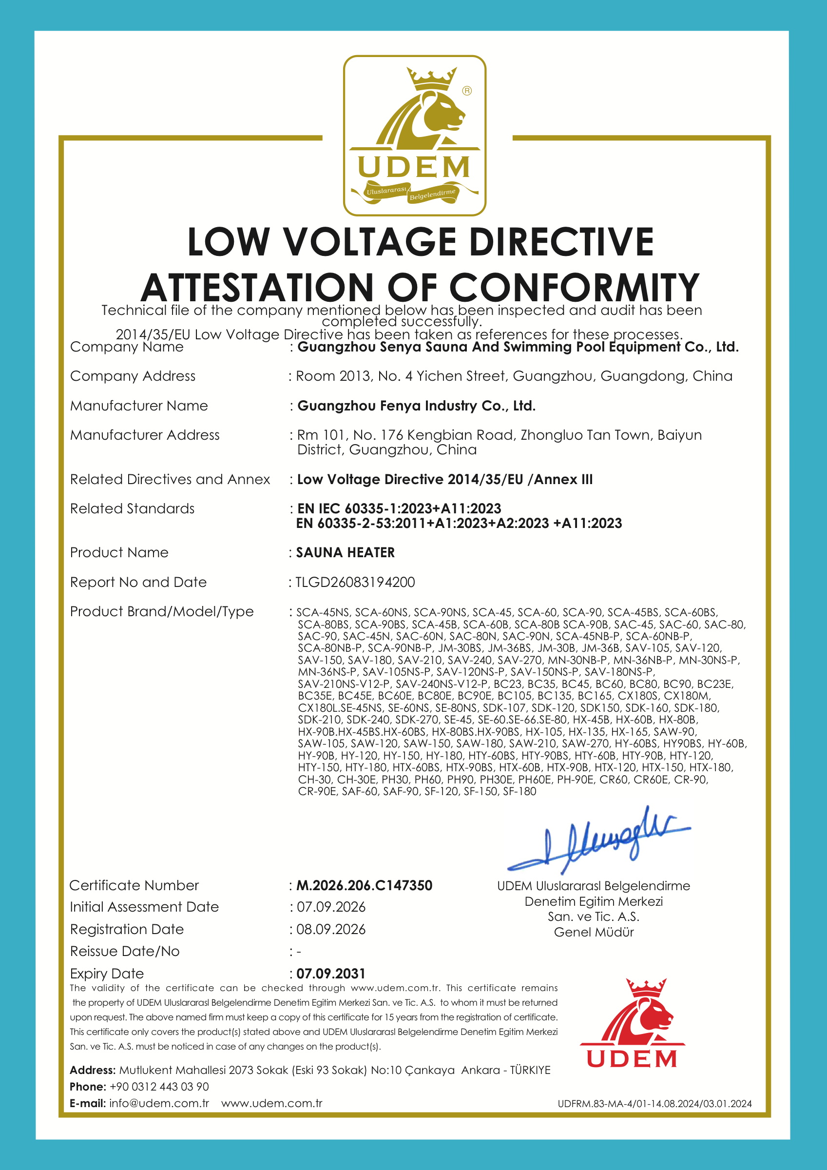 Sauna heaters — LVD · 2014/35/EU attestation of conformity, certificate M.2026.206.C147350