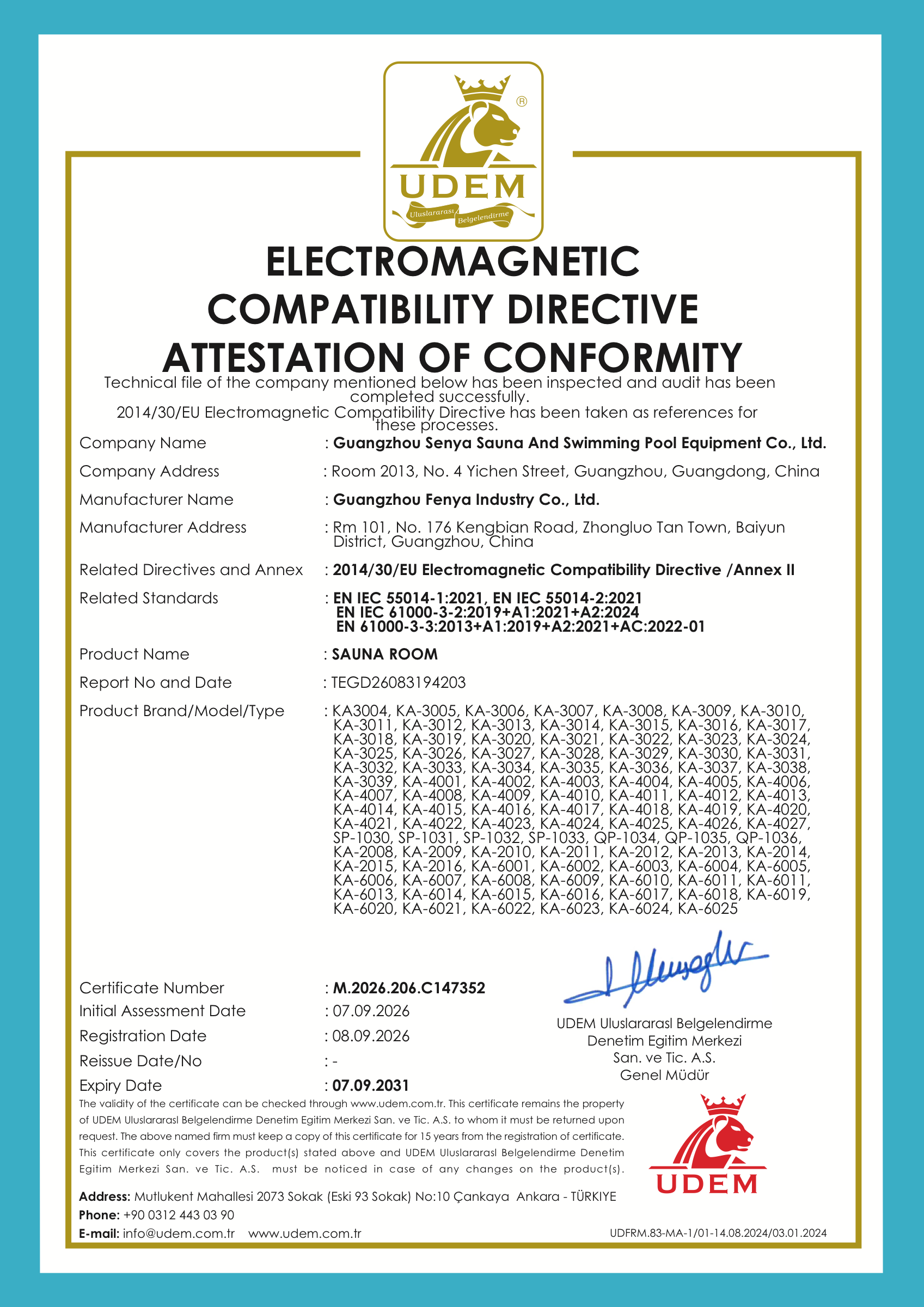 Sauna rooms — EMC · 2014/30/EU attestation of conformity, certificate M.2026.206.C147352
