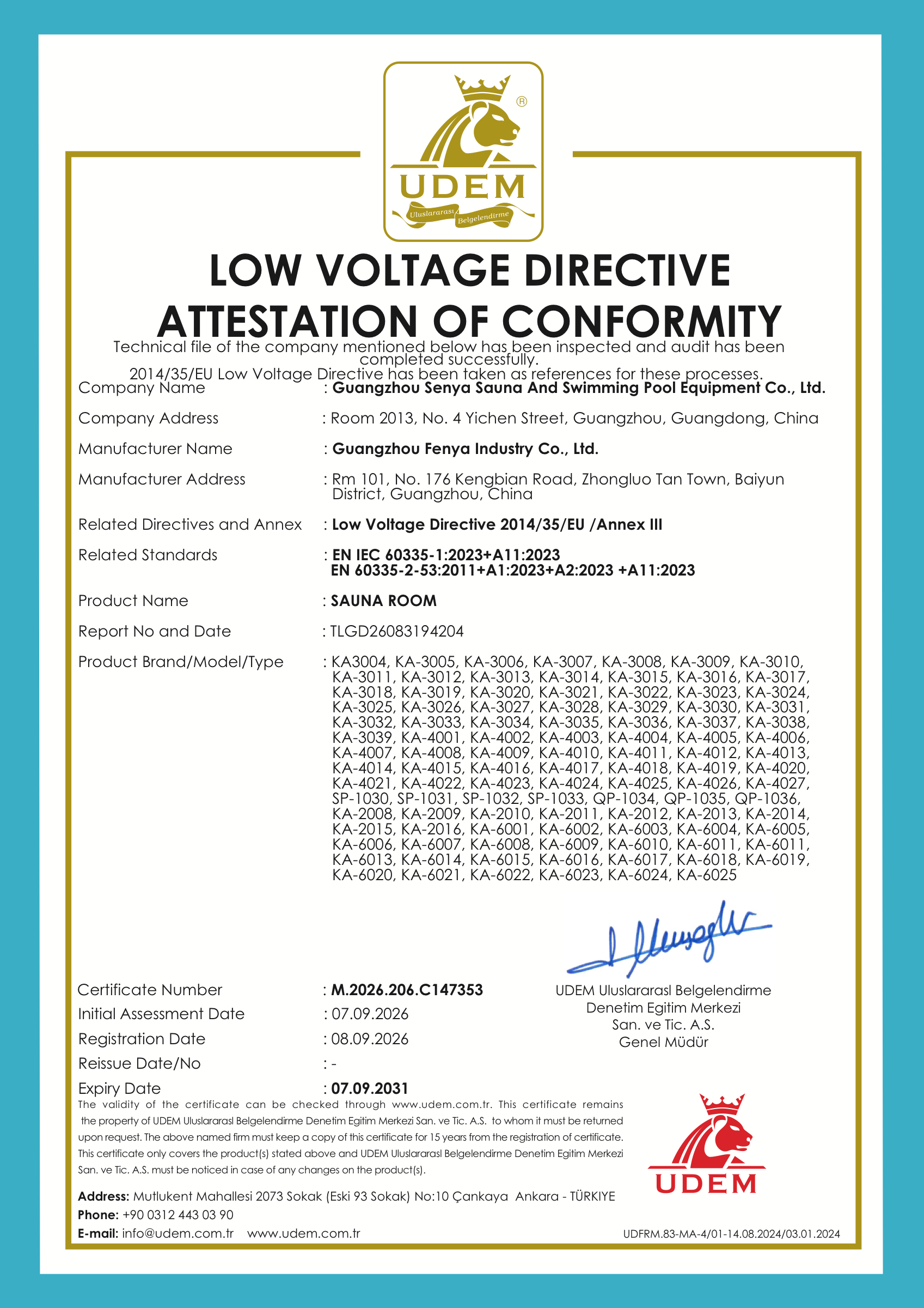Sauna rooms — LVD · 2014/35/EU attestation of conformity, certificate M.2026.206.C147353