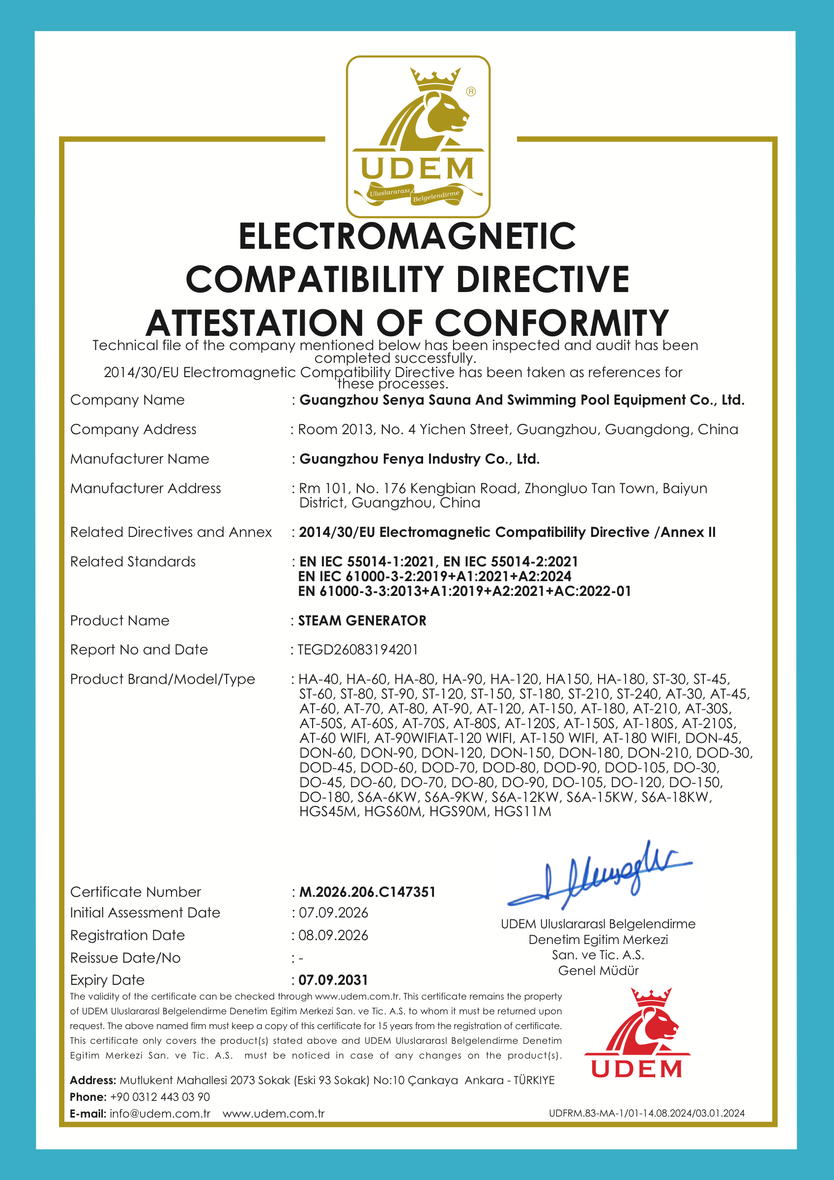 Steam generators — EMC · 2014/30/EU attestation of conformity, certificate M.2026.206.C147351