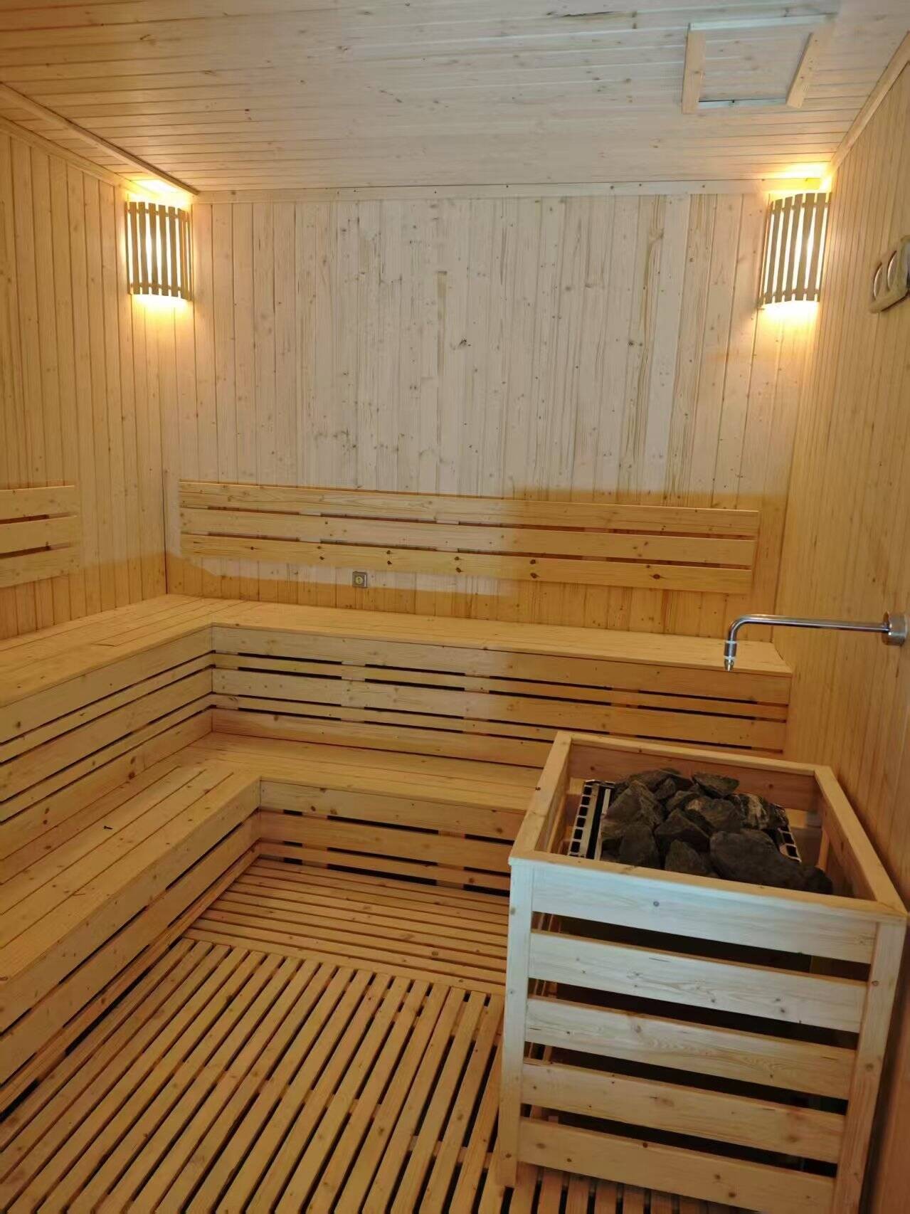 The interior of a finished sauna room.