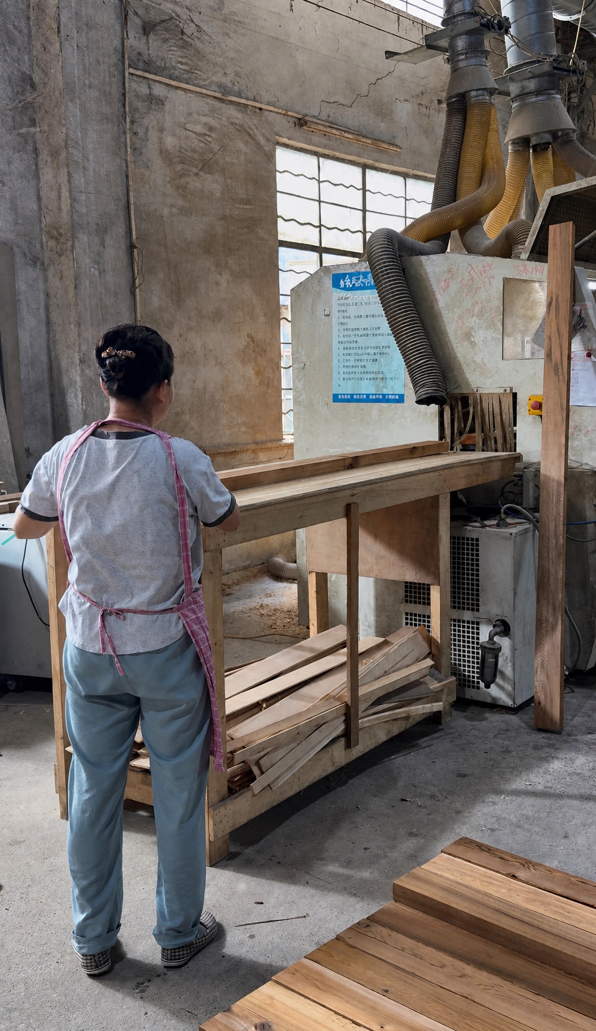 A worker feeding a board into a woodworking machine in the SENYA workshop.