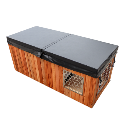 Red cedar tub with an integrated chiller and padded cover.